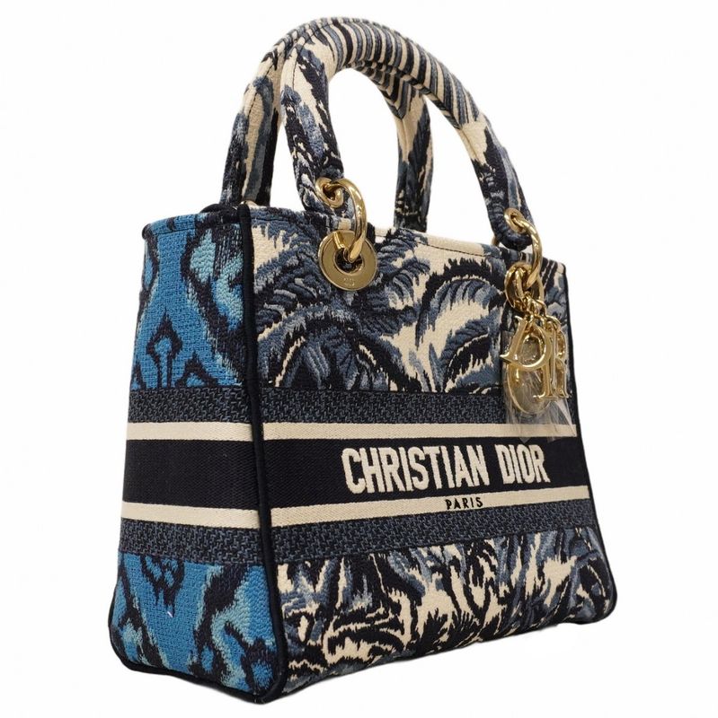 Christian Dior Handbag Lady D Light Canvas Blue White Chien Pan Gold Hardware
