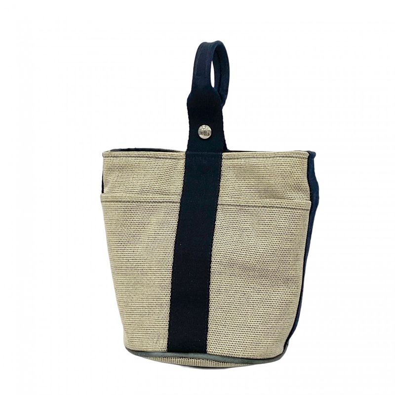 Hermes Handbag Saxo PM Canvas Beige Black Silver Hardware Ladies