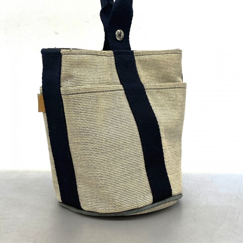 Hermes Handbag Saxo PM Canvas Beige Black Silver Hardware Ladies