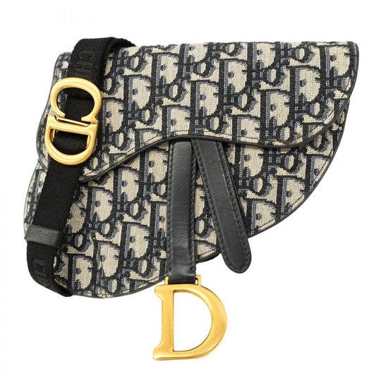 Christian Dior Waist Bag Oblique Saddle Canvas Navy Gold Hardware Women's