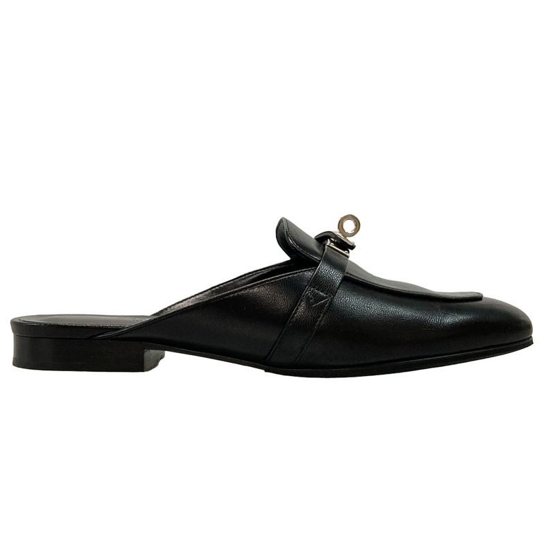 Hermes Mule 38 Women's Oz Black Silver Hardware Kelly Buckle Outsole Reupholster