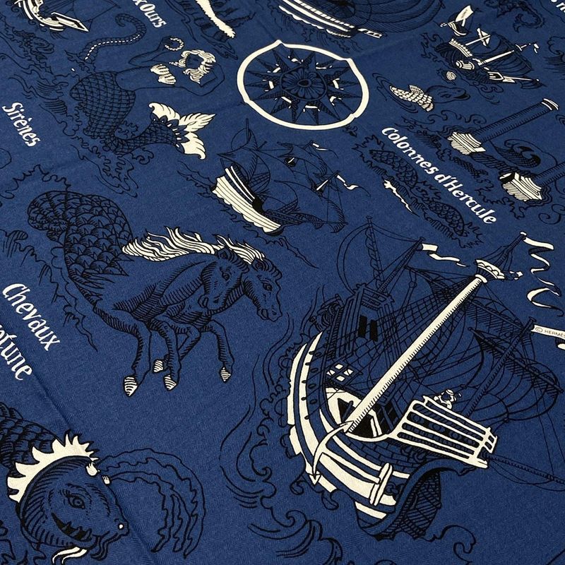 Hermes Shawl Carre Geant 140 Navy X Ivory X Multi Tatouages Marins Bandana