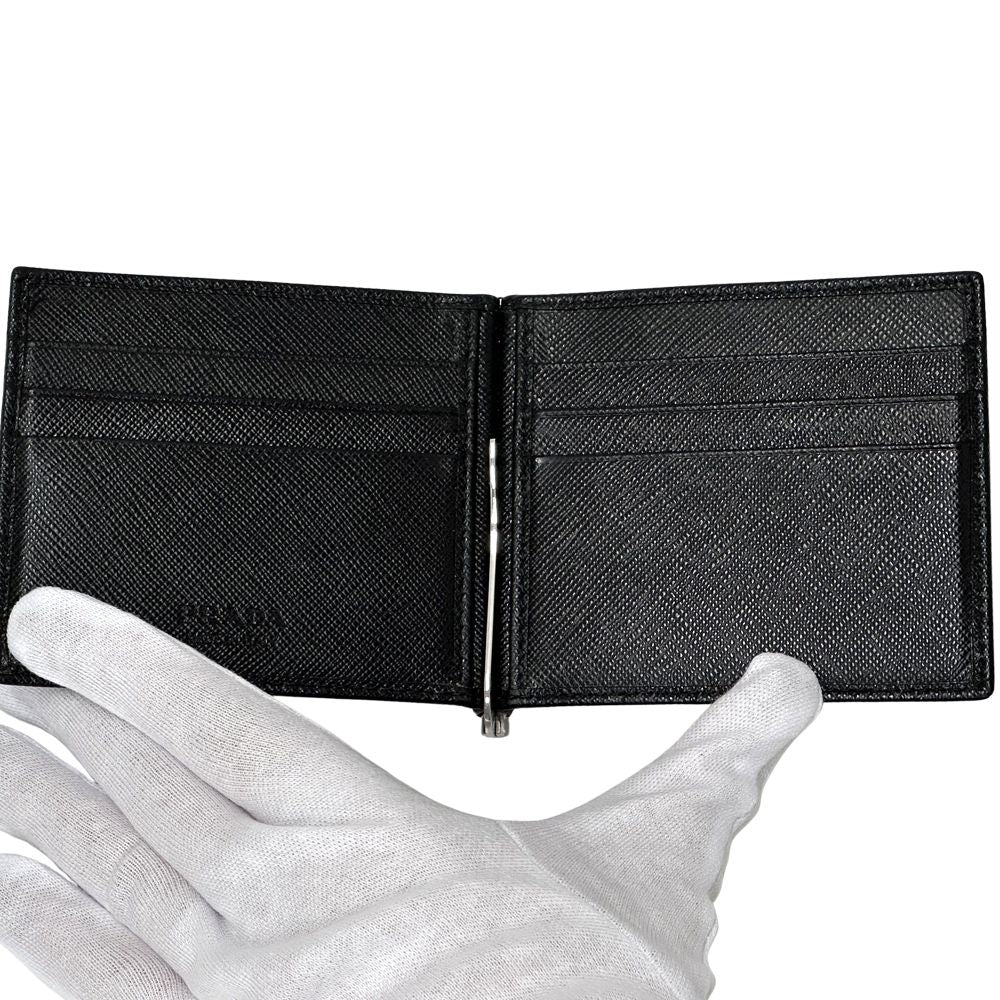 Prada Money Clip Men'S Brand Saffiano Nero 2mn077 Bifold Wallet Card Case