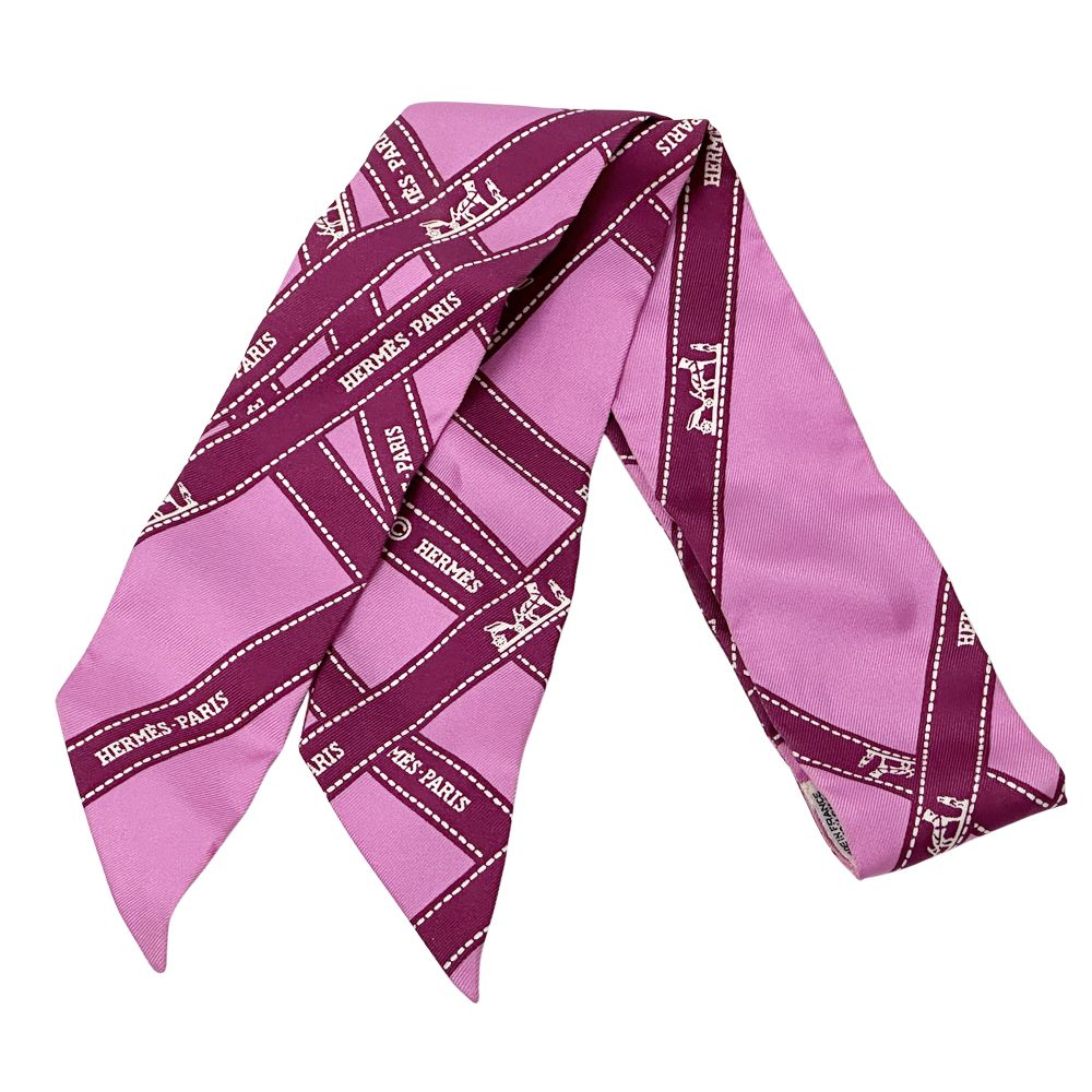Hermes Scarf Twilly Volduc Ladies Brand Silk Pink Ribbon Pattern Pink Elegant