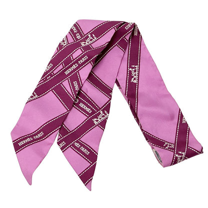 Hermes Scarf Twilly Volduc Ladies Brand Silk Pink Ribbon Pattern Pink Elegant