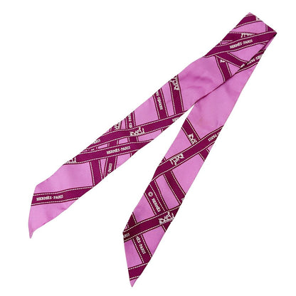 Hermes Scarf Twilly Volduc Ladies Brand Silk Pink Ribbon Pattern Pink Elegant