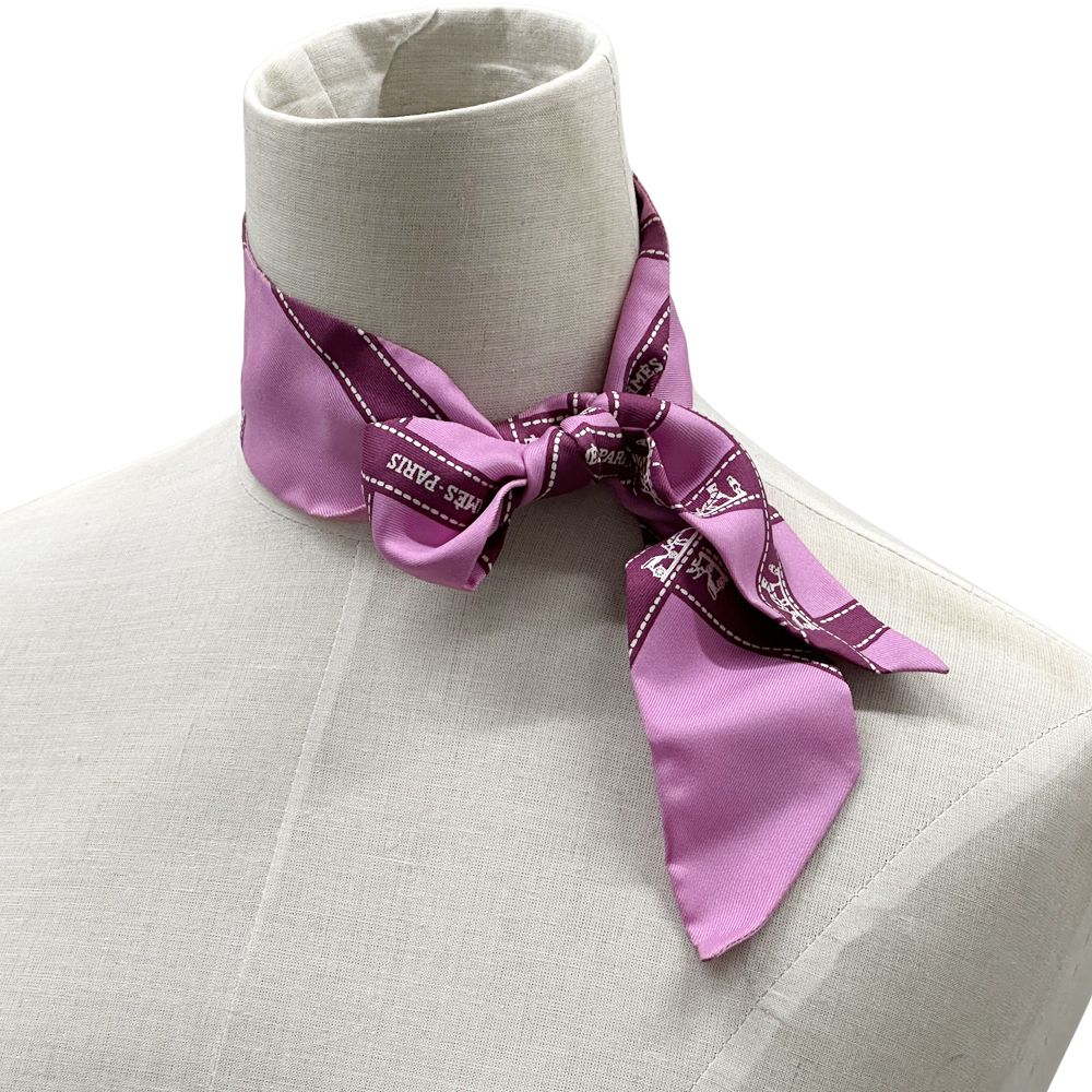 Hermes Scarf Twilly Volduc Ladies Brand Silk Pink Ribbon Pattern Pink Elegant