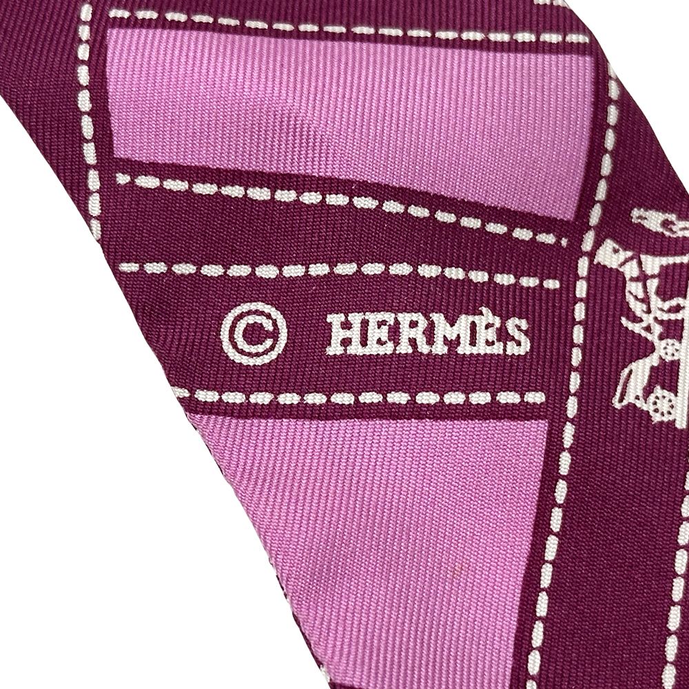 Hermes Scarf Twilly Volduc Ladies Brand Silk Pink Ribbon Pattern Pink Elegant