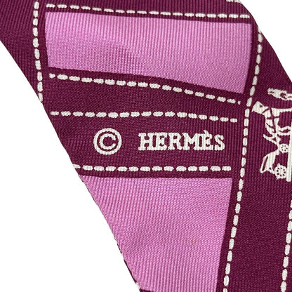 Hermes Scarf Twilly Volduc Ladies Brand Silk Pink Ribbon Pattern Pink Elegant