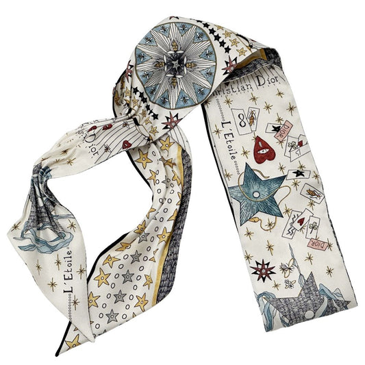 Dior Scarf Mitza Women'S Brand Silk White Multicolor Twilly Star Pattern Cute