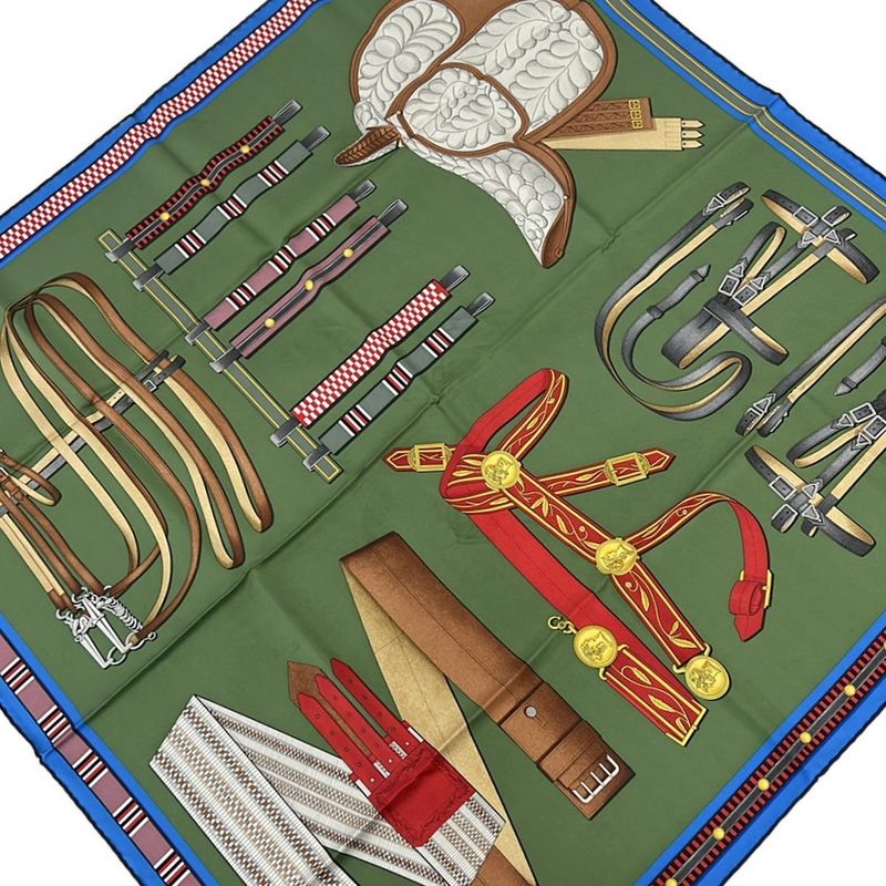 Hermes Scarf Carre 90 Green X Blue X Dark Brown Lettres Equestres