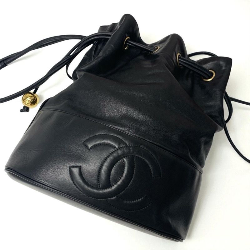 Chanel Bag Shoulder Bag Black Gold Here Mark Drawstring Vintage