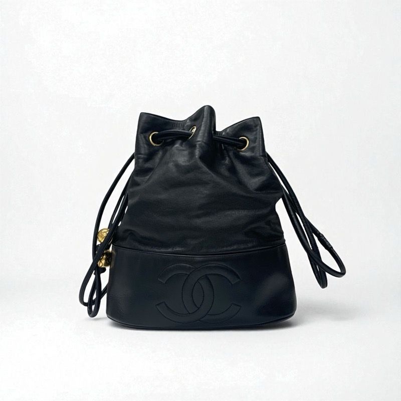 Chanel Bag Shoulder Bag Black Gold Here Mark Drawstring Vintage