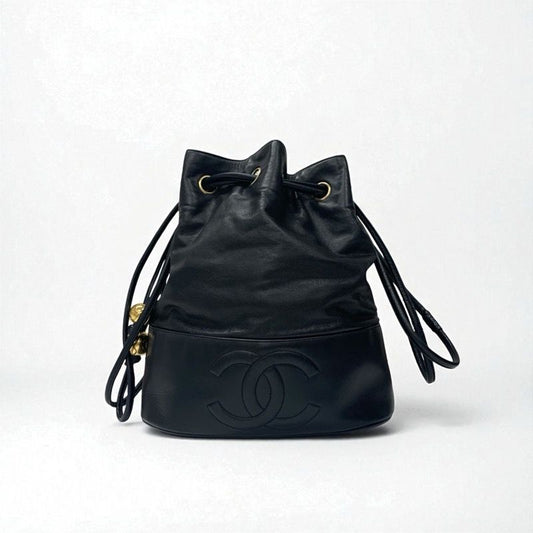 Chanel Bag Shoulder Bag Black Gold Here Mark Drawstring Vintage