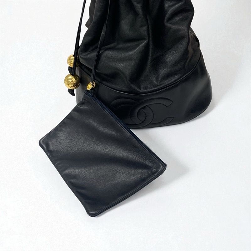 Chanel Bag Shoulder Bag Black Gold Here Mark Drawstring Vintage