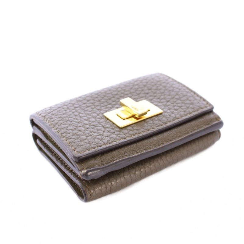 Fendi Peekaboo Micro Wallet Trifold Wallet Compact Turnlock Leather Logo Khaki