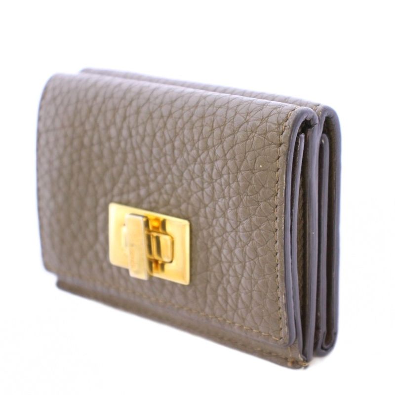 Fendi Peekaboo Micro Wallet Trifold Wallet Compact Turnlock Leather Logo Khaki