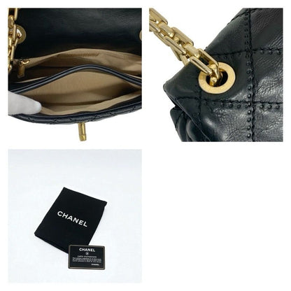 Chanel Bag Shoulder Leather Black Gold Quilted Single Flap