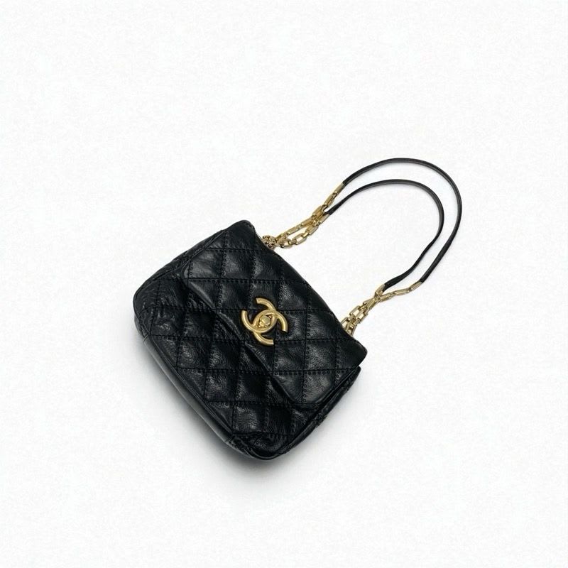 Chanel Bag Shoulder Leather Black Gold Quilted Single Flap