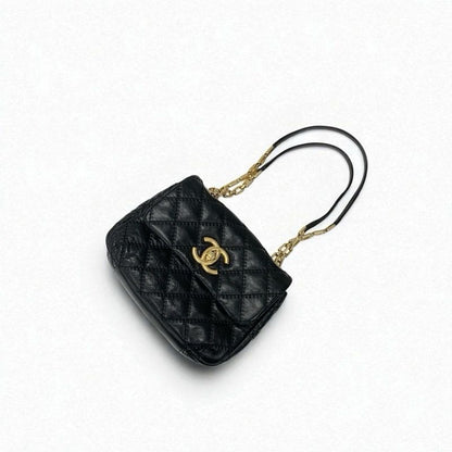 Chanel Bag Shoulder Leather Black Gold Quilted Single Flap