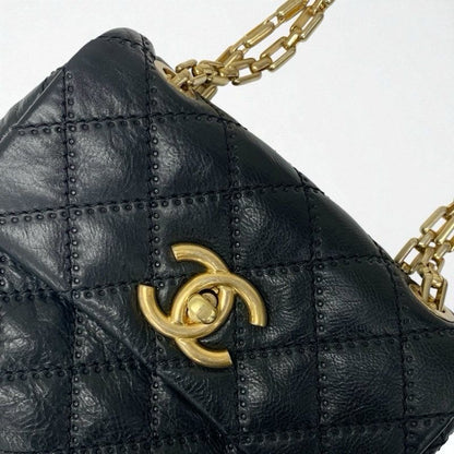 Chanel Bag Shoulder Leather Black Gold Quilted Single Flap