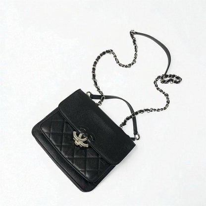 Chanel Bag Shoulder Caviar Leather Black Silver Quilted Half