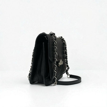 Chanel Bag Shoulder Caviar Leather Black Silver Quilted Half
