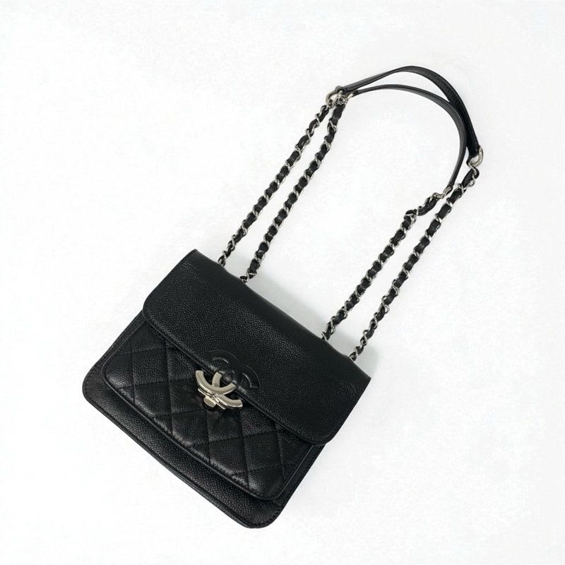 Chanel Bag Shoulder Caviar Leather Black Silver Quilted Half