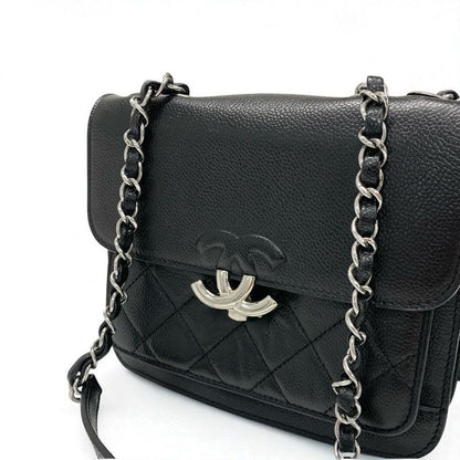 Chanel Bag Shoulder Caviar Leather Black Silver Quilted Half