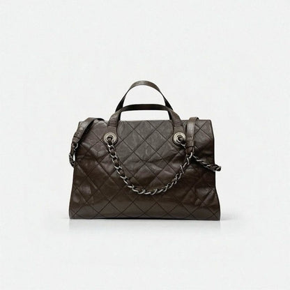 Chanel Bag Shoulder Brown Silver Gunmetal Hardware Quilted Caviar Leather