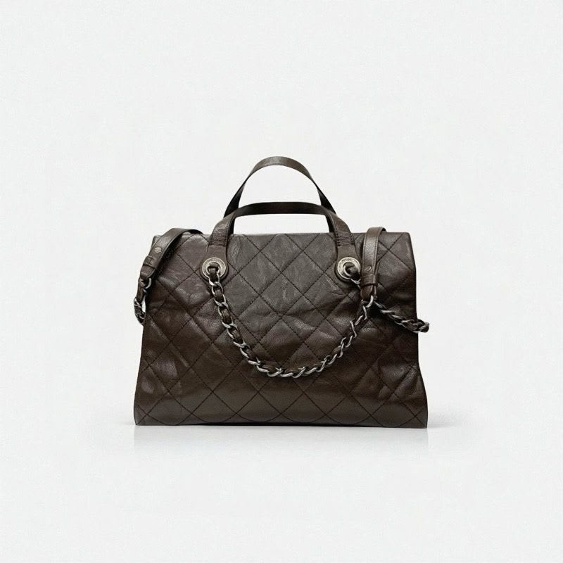 Chanel Bag Shoulder Brown Silver Gunmetal Hardware Quilted Caviar Leather