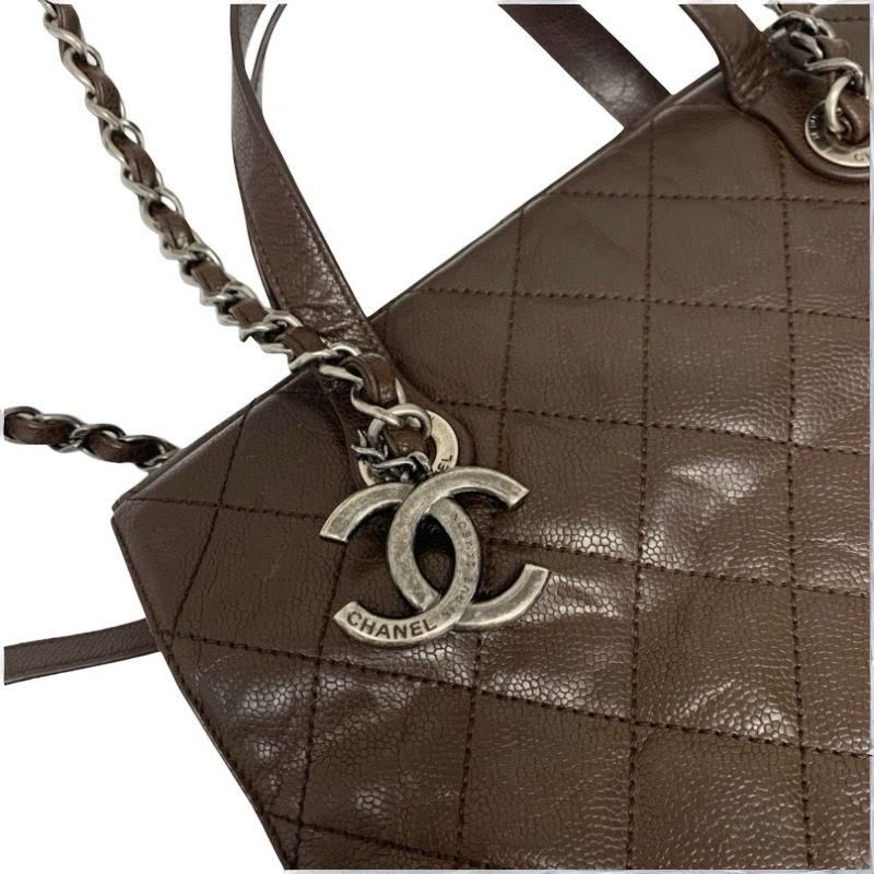 Chanel Bag Shoulder Brown Silver Gunmetal Hardware Quilted Caviar Leather