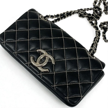 Chanel Bag Shoulder Leather Black Silver Mini Quilted Single