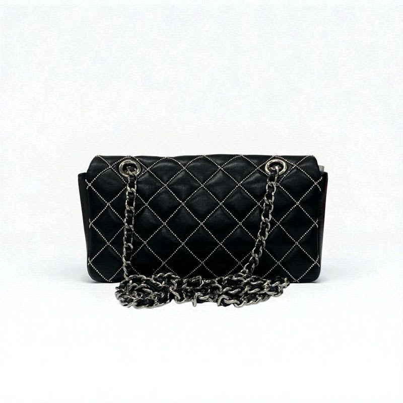 Chanel Bag Shoulder Leather Black Silver Mini Quilted Single