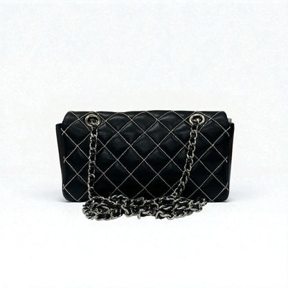Chanel Bag Shoulder Leather Black Silver Mini Quilted Single