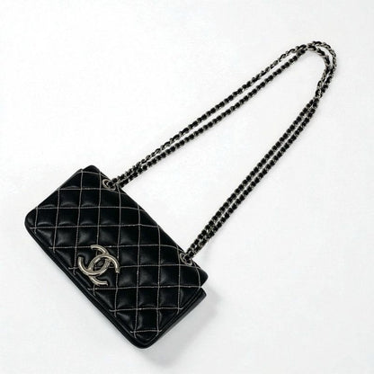 Chanel Bag Shoulder Leather Black Silver Mini Quilted Single