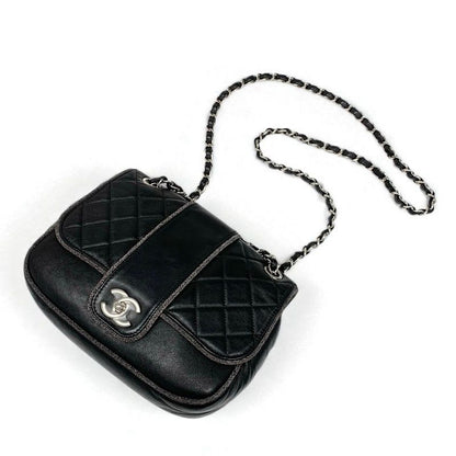 Chanel Bag Shoulder Lambskin Black Silver Quilted Turnlock