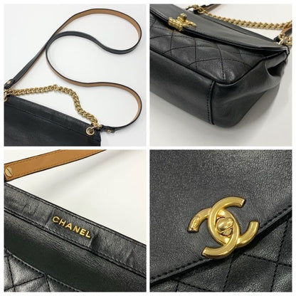 Chanel Bag Shoulder Leather Black Gold Quilted Turn Lock Double