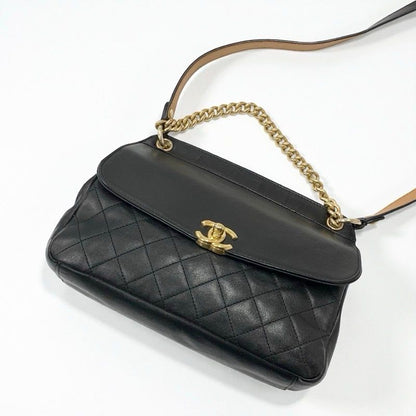 Chanel Bag Shoulder Leather Black Gold Quilted Turn Lock Double