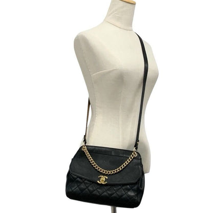 Chanel Bag Shoulder Leather Black Gold Quilted Turn Lock Double