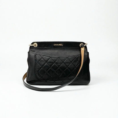 Chanel Bag Shoulder Leather Black Gold Quilted Turn Lock Double