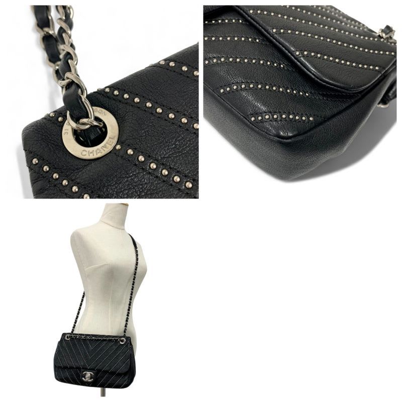 Chanel Bag Shoulder Black Silver Turnlock Single Flap Double