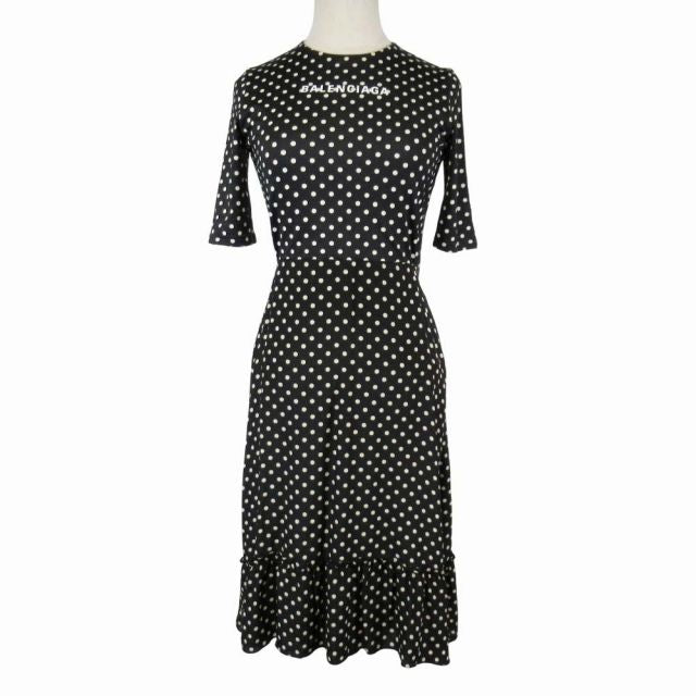 19aw Balenciaga Dot Fishtail Dress Logo Print Stretch Material Dress 38 Black