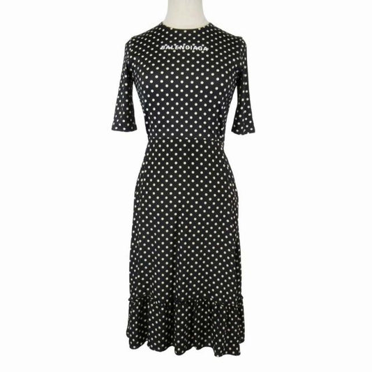 19aw Balenciaga Dot Fishtail Dress Logo Print Stretch Material Dress 38 Black
