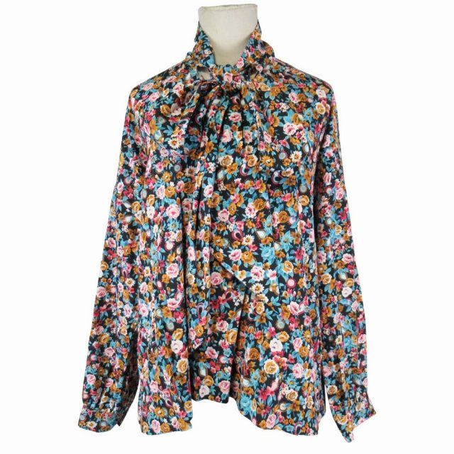 2018 Balenciaga Flower Print Bowtie Shirt Floral Pattern Oversize Blouse