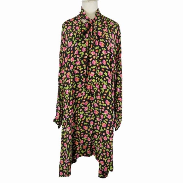 19aw Balenciaga Flower Print Silk Chiffon Bowtie Shirt Dress Blouse Dress