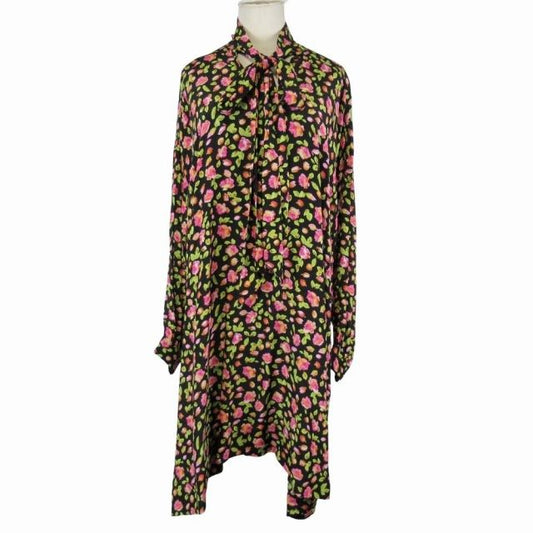 19aw Balenciaga Flower Print Silk Chiffon Bowtie Shirt Dress Blouse Dress