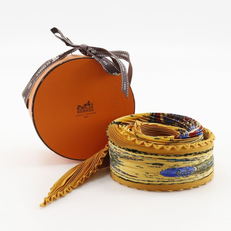 Hermes Pleated Carre Les Tambours Tambour Drum Silk Orange Women's Scarf