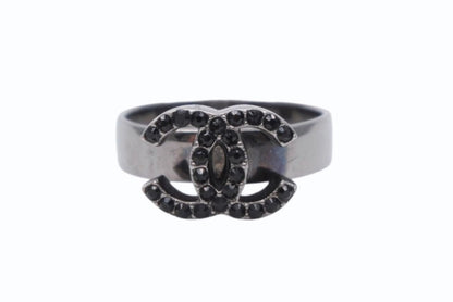 Chanel 09P CC Logo Ring Rhinestone Metal Silver Black