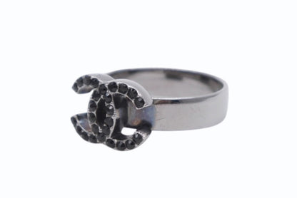 Chanel 09P CC Logo Ring Rhinestone Metal Silver Black — view 2